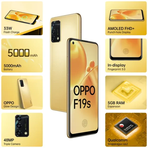 <B>Oppo F19s (Glowing Gold, 6GB RAM, 128 Storage)</B> <b style="color: red;"> (SUPER MINT) JAYNAGAR </b>