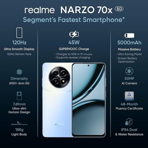 <B> realme NARZO 70x 5G (Ice Blue, 8GB RAM,128GB Storage)</B> <b style="color: red;"> (SEALED PACKED) JAYNAGAR</b>