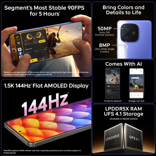 <B>IQOO Neo 10R 5G (Raging Blue, 256 GB)  (8 GB RAM) </B> <b style="color: red;"> (SEALED PACKED) JAYNAGAR </b>