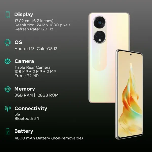 <B>OPPO Reno8T 5G (Sunrise Gold, 128 GB)  (8 GB RAM) </B> <b style="color: red;"> (MINT) JAYNAGAR </b>
