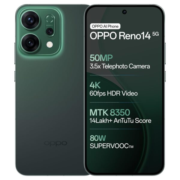 <B>OPPO Reno14 5G (Forest Green, 256 GB)  (8 GB RAM) </B> <b style="color: red;"> (OPEN BOX) JAYNAGAR </b><b style="color: #01569c;"> ☎️9734111121</b>